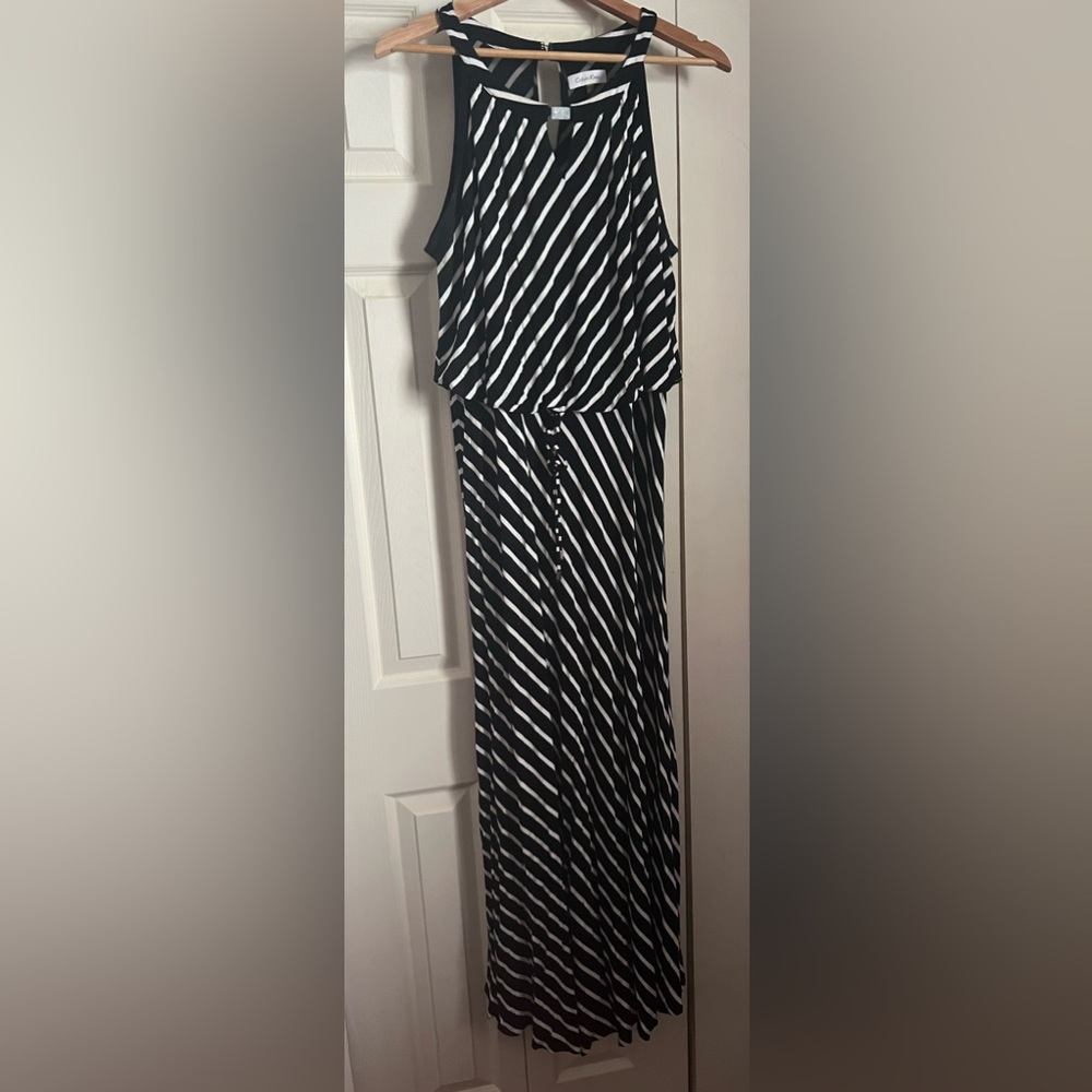 Calvin Klein Womens Black & White Striped Maxi Dress Plus Size 0X LIKE NEW